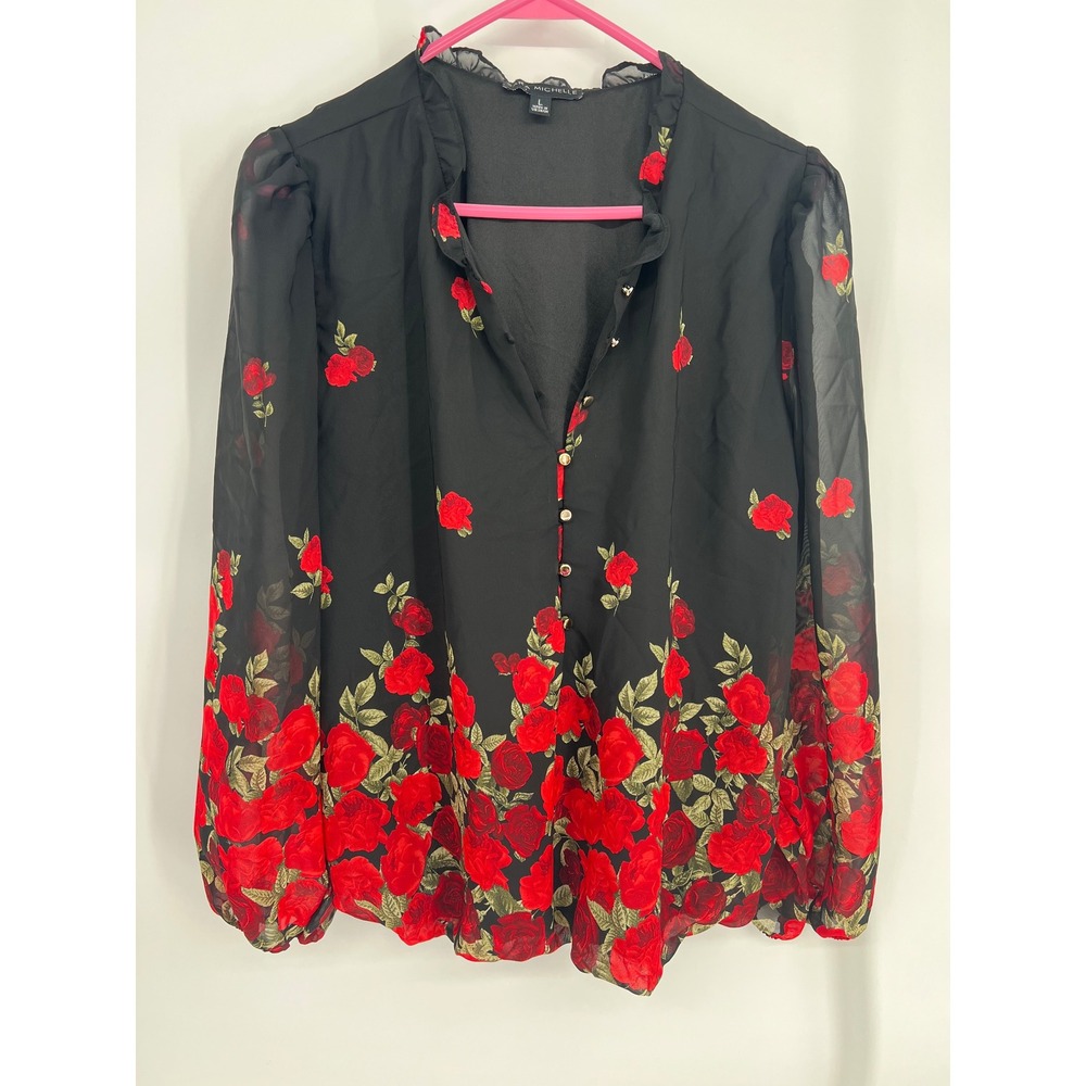 Sara Michelle Black Red Rose Floral Sheer Blouse Ruffle Neck Button Front Large